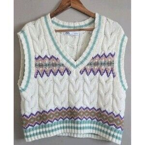 Zara Cable Knit Sweater Vest Fair Isle Tan Multi Striped Preppy Women's Medium